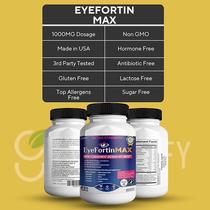 EyeFortin MAX Eye Health Supplement 60 Capsules Extra Strength with Lutein Vitamins A C E B12 Bilberry Extract 30 Day Supply (5)