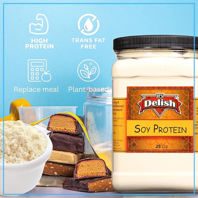 It's Delish Soy Protein Powder 28 Oz Reusable Jumbo Jar | Plant-Based Bulk Protein Powder Unflavored for Drinks Shakes Meal Replacement | No Sugar Added Vegan Gluten &amp Milk Free Keto Kosher