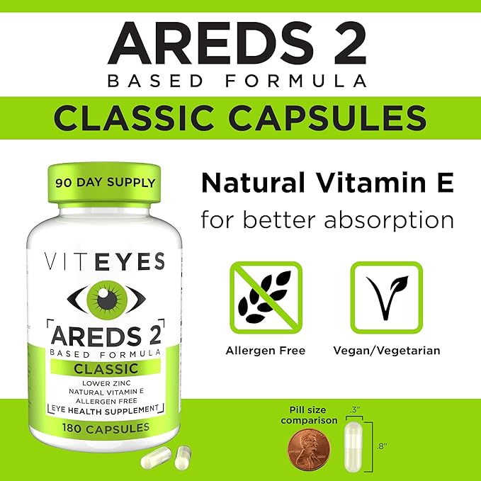 Viteyes AREDS 2 Eye Vitamins Classic Macular Support Allergen Free Capsules with Natural Vitamin E Vitamin C Zinc Copper Lutein &amp Zeaxanthin Eye Doctor Trusted Manufactured in The USA 18