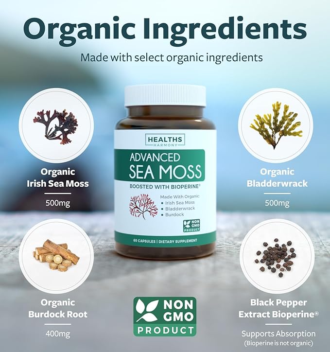 Irish Sea Moss &amp Omega 7 (1-Month Supply) Omega Sea Blend Bundle - Organic Irish Sea Moss - Raw Vegan Supplement (60 Caps) &amp Omega 7 Softgels - Provinal Sustainable Peruvian Anchovy Fish Oil (