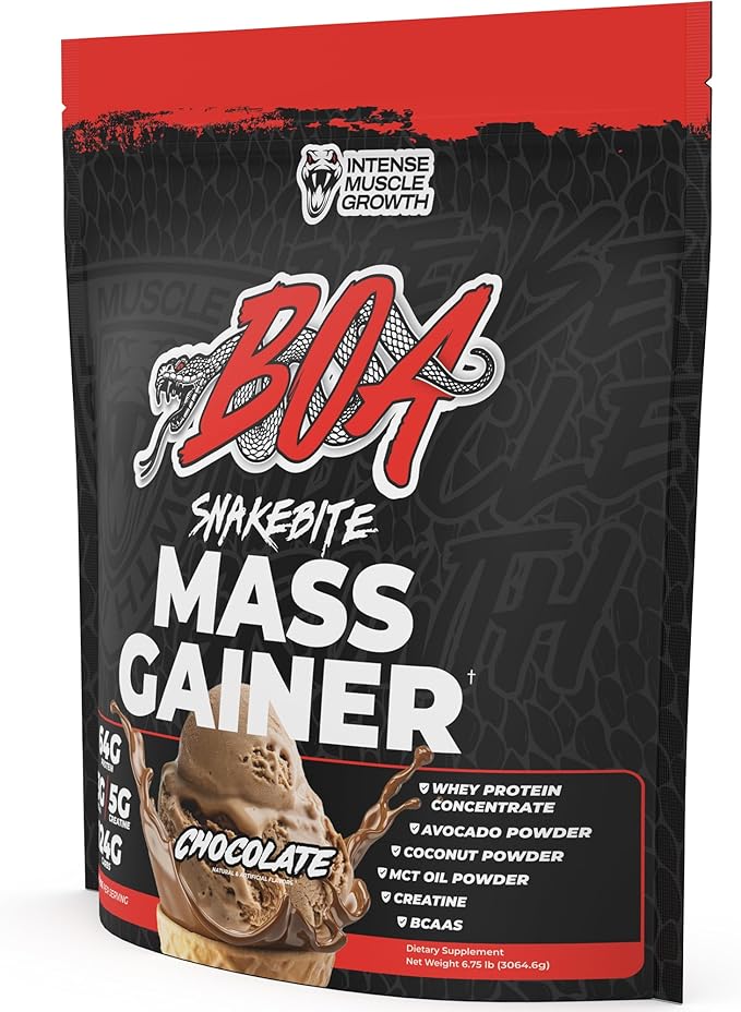 BOA Snakebite Mass Gainer Powder – 64g Protein 126g Carbs &amp 5g Creatine Per Serving – High Calorie Weight Gainer for Muscle Growth &amp Recovery – Chocolate Vanilla Cookie Butter (Chocolate)