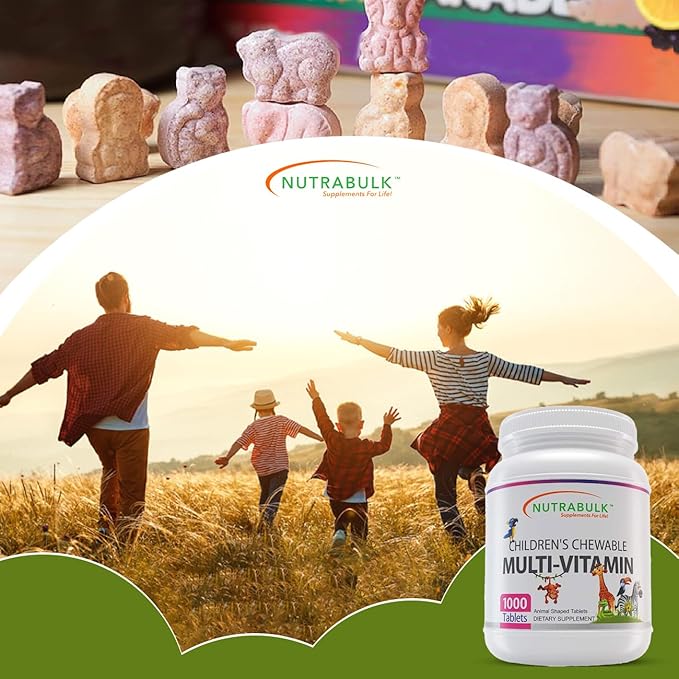 NutraBulk Kids Multivitamin – Kids Vitamins A C D3 E B-Complex Folic Acid with Animal Shapes &amp Fruity Flavors – No Artificial Dyes – Children's Chewable Multivitamin Bulk Family Value (1000 Table