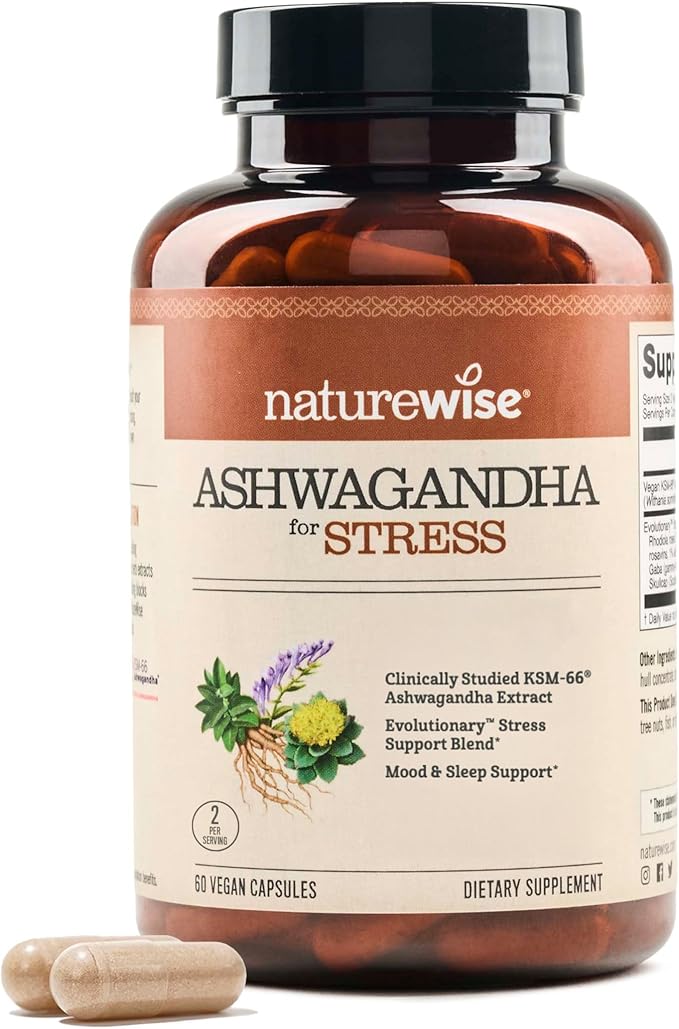 NatureWise Ashwagandha for Stress - With KSM-66 Extract GABA L-Theanine Rhodiola Rosea - Herbal Mood &amp Sleep Support - Vegan Non-GMO Gluten-Free - 60 Capsules[1-Month Supply]