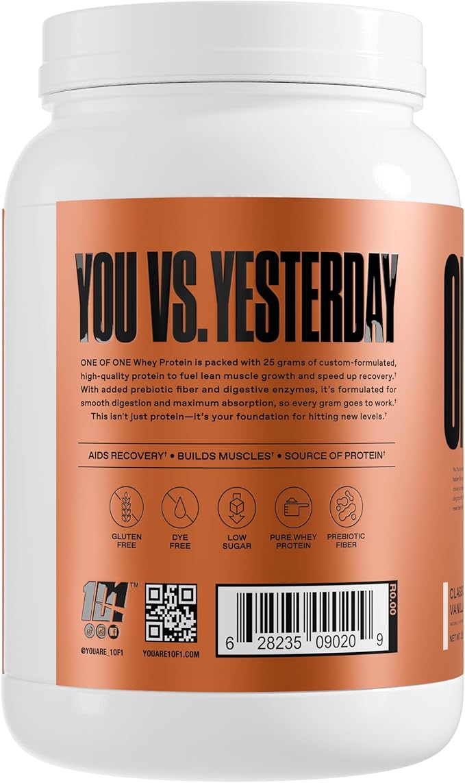 ONE of ONE Whey Protein Powder – 25g Whey Protein Concentrate with Digestive Enzymes Gluten Free Low Carb Post-Workout Recovery – Classic Vanilla Flavor 2lb