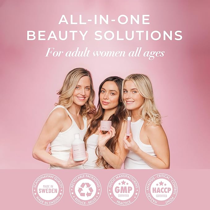 Swedish Collagen Deluxe | 12500 mg Hydrolyzed Marine Collagen Liquid Supplement - 60 x 25 ml Daily Shots (2 Pack 30 in Each) | Hyaluronic Acid Biotin and Vitamin C for Hair Skin Nails and Joints
