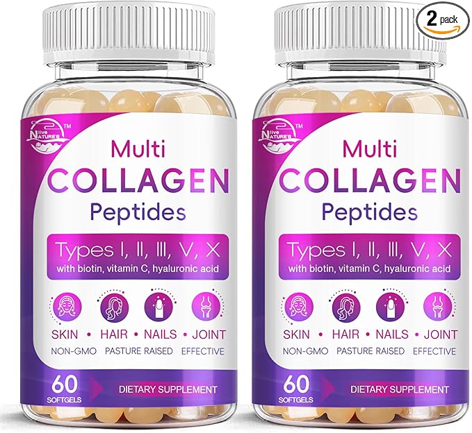 Multi Collagen Peptides Softgel - Type I II III V X - Hydrolyzed Collagen Peptides with Biotin Vitamin C Hyaluronic Acid Supports Skin Hair Nail Grass-Fed Non-GMO 60 Softgel 2 Pack