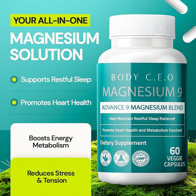 Body C.E.O. Magnesium 9 - Full-Spectrum Blend with Malate Citrate Glycinate Taurate Orotate &amp More - Supports Healthy Sleep Calm Muscle Relaxation &amp Focus - 60 Veggie Capsules