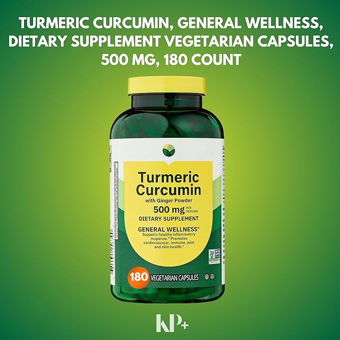 KP+ Turmeric Curcumin with Ginger Powder | 500 mg Dietary Supplement | General Wellness | 180 Vegetarian Capsules | Pack of 2