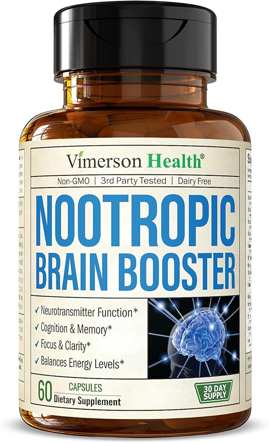 Nootropics Brain Support Supplement - Nootropic Brain Booster for Improved Focus Concentration &amp Memory. Brain Nootropic for Brain Health Mood &amp Energy Support. Non-GMO. Made in the USA. 60