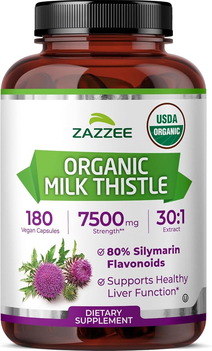 Zazzee USDA Organic Milk Thistle 30:1 Extract 80% Silymarin 180 Vegan Capsules 6 Month Supply Certified Kosher High Potency Liver &amp Antioxidant Support Silybum Marianum Non-GMO Made in the