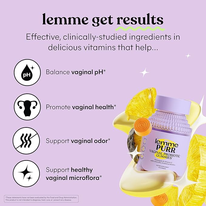 Lemme Purr Vaginal Probiotic Gummies for Women - Balanced pH Healthy Odor Yeast Balance &amp Flora Support + Vitamin C for Immune Health - Tasty Pineapple (60 Count) (Pack of 2)