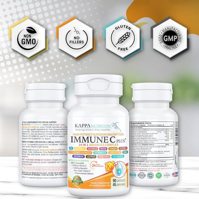 Quercetin 1000mg Vitamin C 1000mg Zinc 50mg Vitamin D3 5000iu Selenium Copper Acerola Ginger Rutin Bitter Orange Rose Hips Echinacea Immune C Plus 14 in 1 Immune C Plus (90 Count)