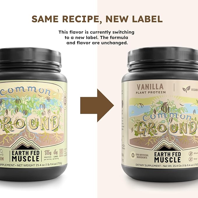Earth Fed Muscle Common Ground Vanilla Vegan Protein Powder - Organic Plant Based Protein Powder with Pea Hemp Goji MCT Soy-Free Gluten-Free Vegan Protein for Women &amp Men - 30 Servings