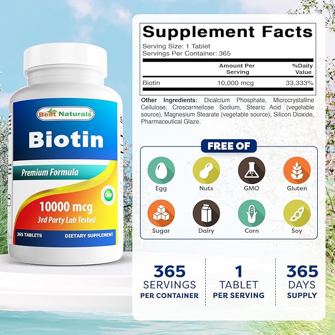 Best Naturals Biotin (Also Called Vitamin B7) 10000 mcg Tablets (365 Count (Pack of 3))