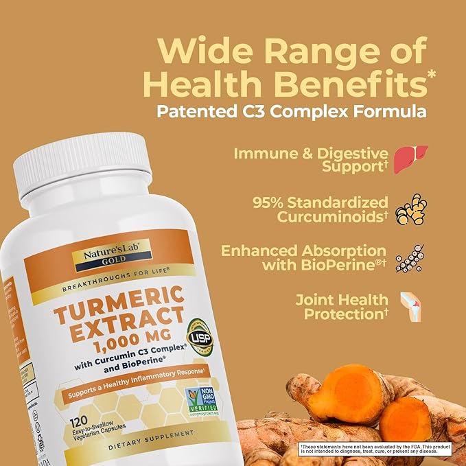 Nature's Lab Turmeric Curcumin C3 Complex 1000mg - Turmeric Extract 1000mg &amp BioPerine 5mg Standardized to 95% Promotes Cardiovascular Immune Joint Skin Health - 120 Capsules (60 Day Supply)