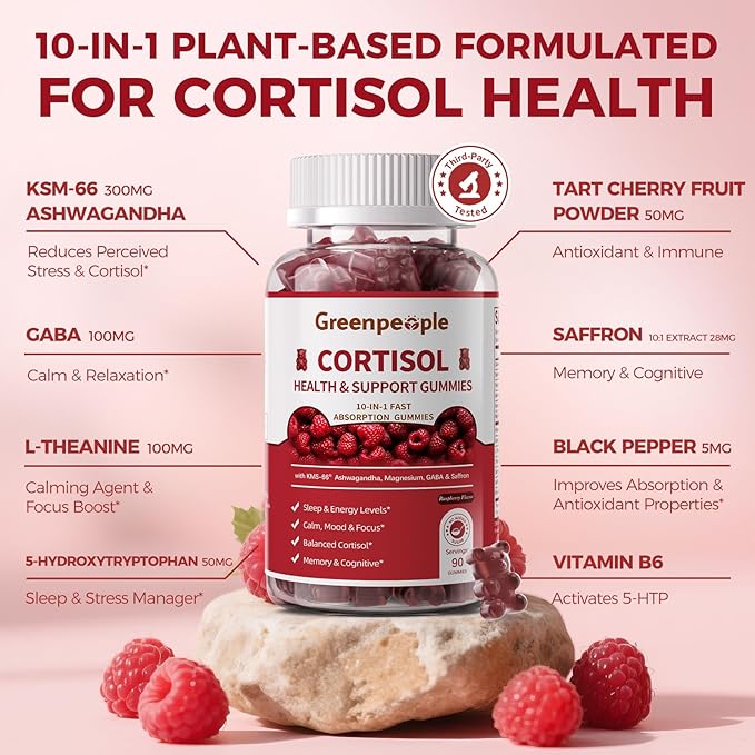 GREENPEOPLE Cortisol Supplements for Women &amp Men - Cortisol Reducer Detox Manager w/KSM-66 Ashwagandha/Magnesium/L-theanine/GABA/Vitamin B6 for Mood/Sleep/Stress Relief 90 CT Raspberry Flavor Gumm