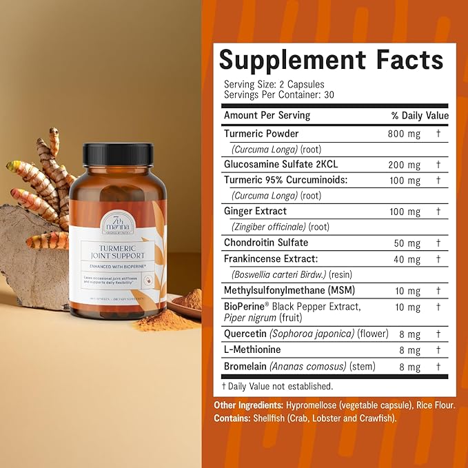 Turmeric Curcumin Supplement with Glucosamine Chondroitin &amp MSM – Joint Support for Mobility Flexibility &amp Comfort – Active Lifestyle Formula – 60 Capsules