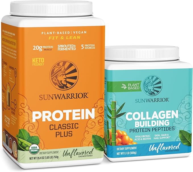 Sunwarrior Vegan Protein Powder | USDA Organic Plant-Based | Unflavored 30 Servings &amp Collagen Building Powder Plant-Based | Unflavored 20 Servings
