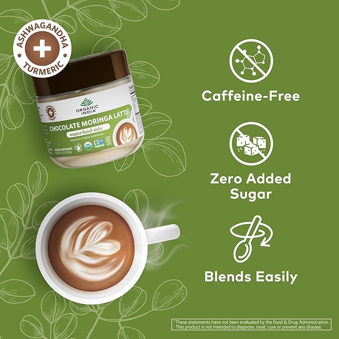 Organic India Chocolate Moringa Latte Powder - Superfood Mix Moringa Leaf Tea With Ashwagandha and Turmeric Dietary Supplement Stress Support Rich Cocoa Caffeine Free - 3.52 Oz