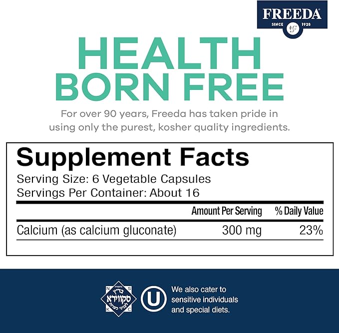 Freeda Calcium Gluconate – Kosher Vegan Calcium Supplement – Easy to Digest &amp Absorb – Supports Bone Strength – Pure Calcium Without Vitamin D – (100 Capsules)