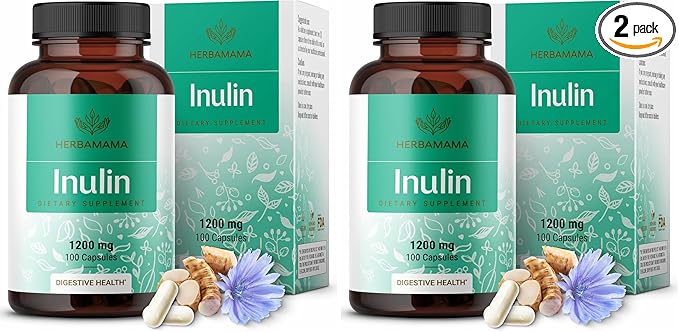 HERBAMAMA Inulin Powder Capsules 1200mg - Digestive Support &amp Gut Cleanse with Inulin Prebiotic Fiber - Vegan Non-GMO Chicory Root Powder Supplement (Pack of 2)