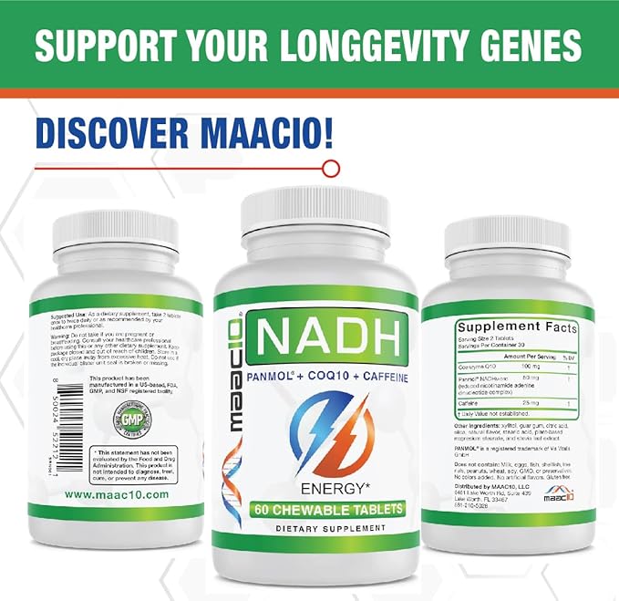 MAAC10 Energy Booster - with NADH Caffeine &amp Coq10 Fast Acting Chewable Tablets - Great for Fatigue Energy &amp Mental Focus.