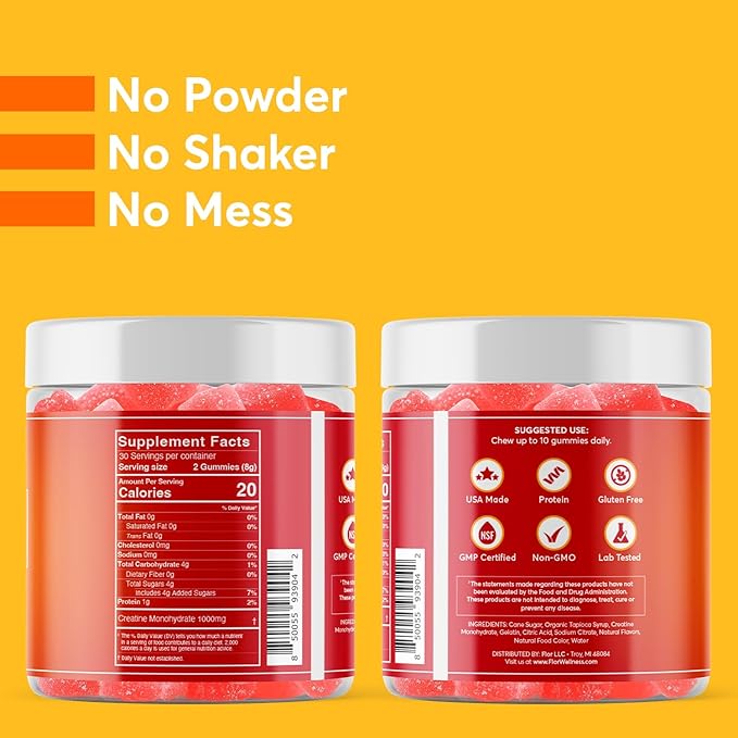 FIOR Creatine Gummy - Best Creatine Monohydrate Chewable 60 Count Workout &amp Protein Supplement Cognitive Enhancement Tropical Punch Flavor 30 Servings