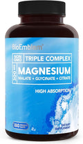 BioEmblem Triple Magnesium Complex | 300mg of Magnesium Glycinate Malate &amp Citrate for Muscles Nerves &amp Energy | High Absorption | Vegan Non-GMO (180 Capsules)