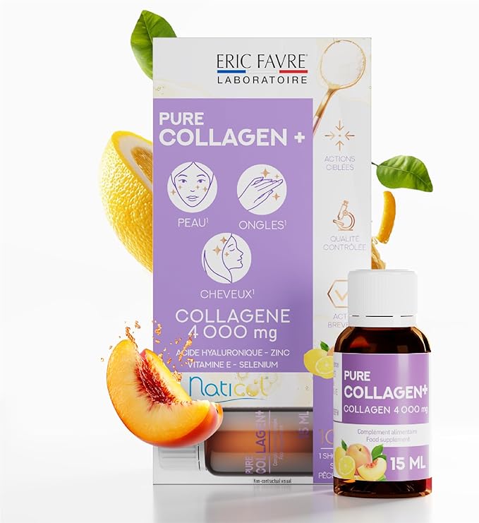 ERIC FAVRE Pure Collagen+ Liquid Collagen for Women – 4000mg Marine Peptides for Radiant Skin Hair &amp Nail Health – Hyaluronic Acid Vitamin E – 10 Shots Peach Lemon Flavor