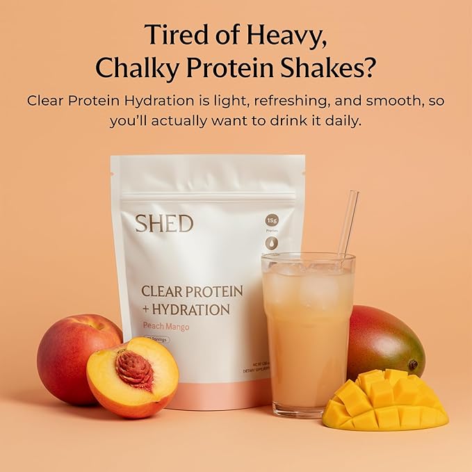 Clear Protein Powder with Electrolytes by Shed 15g Whey Protein Isolate Low Calorie and Lactose Free Light and Clean Hydration Drink Bloat-Free Post Workout Supplement Peach Mango (15 Servings)