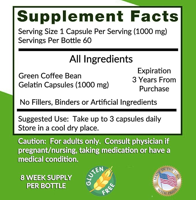 Green Coffee Bean Extract 100% Pure Green Coffee Bean Capsules 50% Chlorogenic Acid 1000 mg Strength 180 Capsules 6 Month Supply Non-GMO and Gluten Free Traditional Herbal Supplement