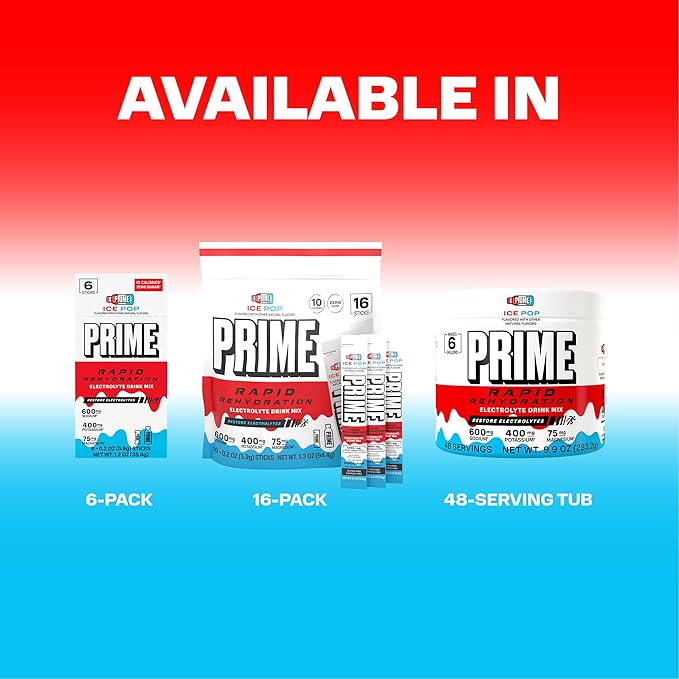 Prime Rapid Rehydration Electrolyte Powder Ice Pop Sugar Free Hydration Drink Mix with Sodium Potassium Magnesium &amp B Vitamins to Replenish Fluids Caffeine Free 6 Gallon Tub 48 SRV