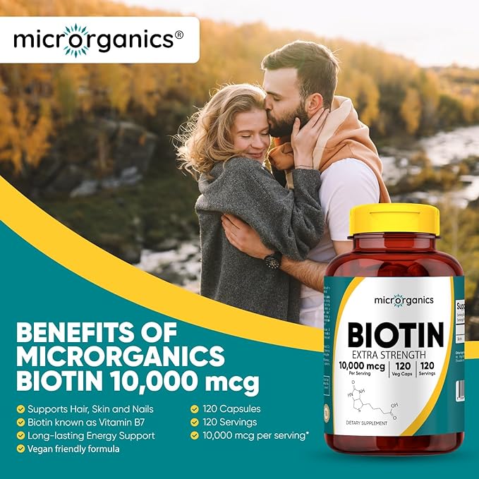 Biotin 10000 mcg Extra Strength – Supports Hair Skin &amp Nail Health and Energy Metabolism – High Potency Vitamin B7 – 120 Vegan Capsules 120 Servings