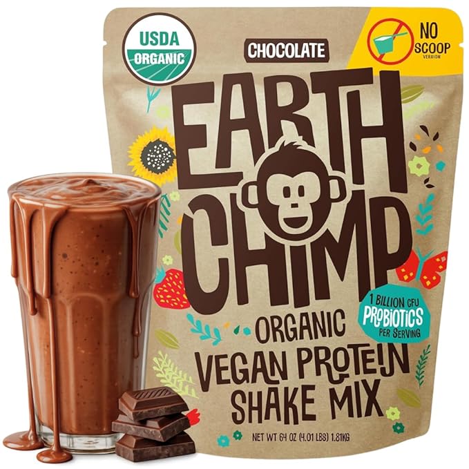 EarthChimp Organic Vegan Protein Powder - with Probiotics - Non GMO Dairy Free Non Whey Plant Based Protein Powder for Women and Men Gluten Free - 52 Servings 64 Oz (Chocolate) No Scoop