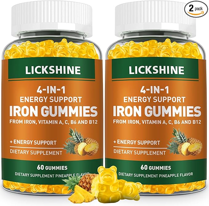2 Pack Vegan 100MG Iron Supplement Gummies for Women &amp Men - with Vitamin C A B for Adults &amp Kids - Energy Support for Iron Deficiency Anemia - Pineapple Flavor (120 Ct)