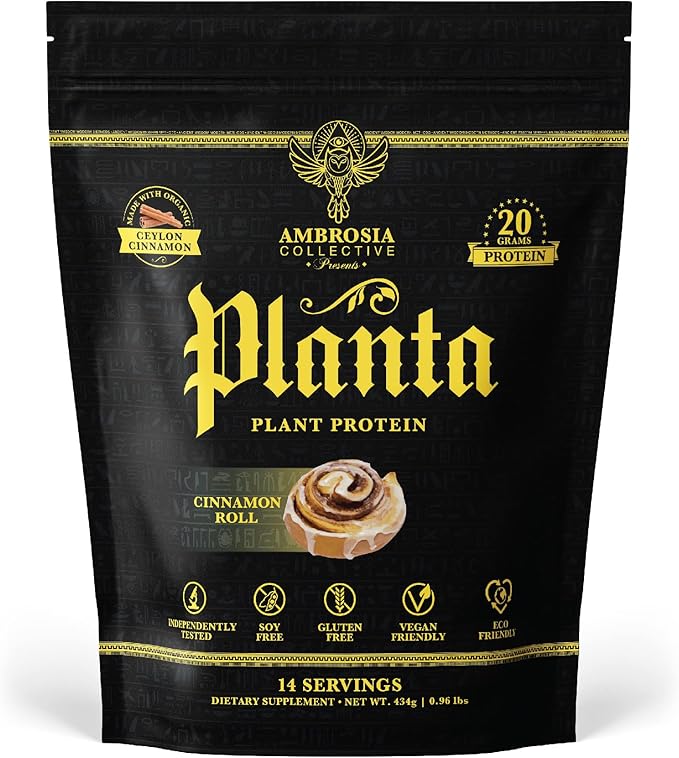 Ambrosia Planta - Premium Plant-Based Protein | Vegan &amp Keto Friendly | Gourmet Flavors with No Bloating or Stomach Upset | Gluten &amp Soy Free | No Added Sugar | 14 Servings | (Cinnamon Roll)