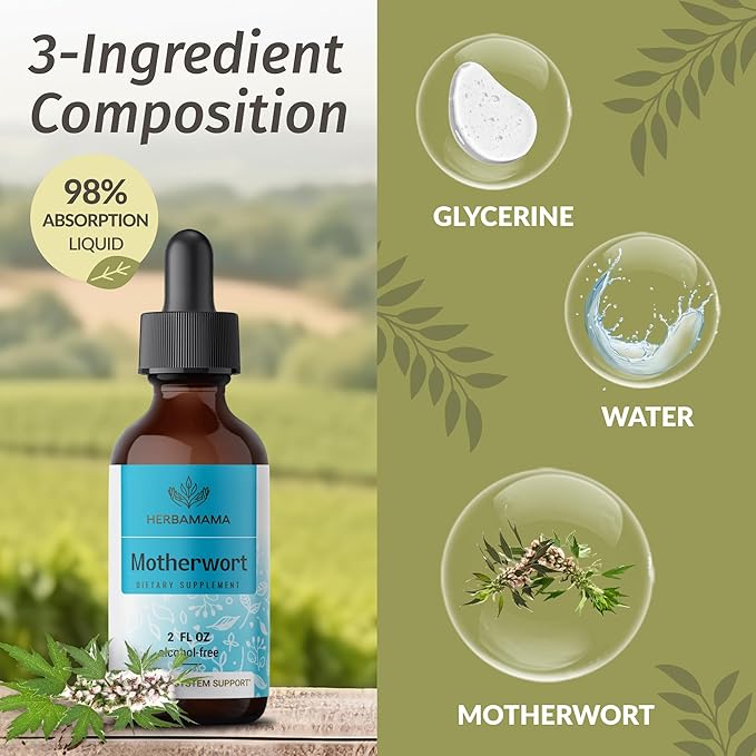 HERBAMAMA Herbal Liquid Drops Kit - Bundle of Motherwort Extract &amp Ashwagandha Tincture 2 fl oz - Vegan Non-GMO Sugar &amp Alcohol-Free - 2 Pack