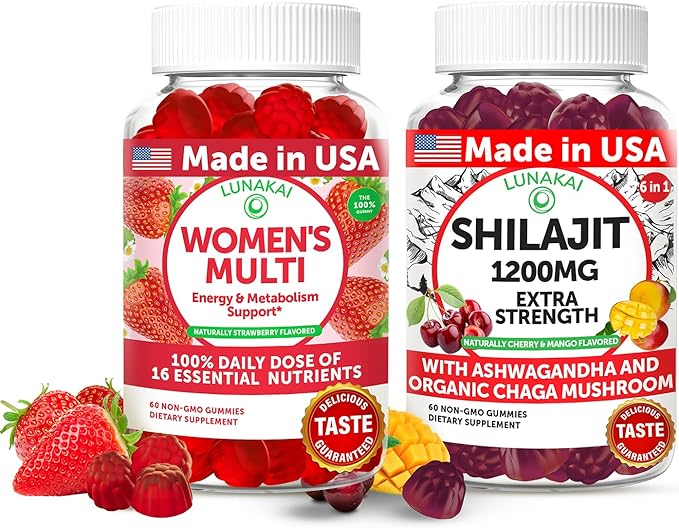 Lunakai USA Made Womens Multivitamin &amp Shilajit Gummies Bundle – Energy Immune &amp Vitality Support – Naturally Flavored – 60 Non-GMO Gummies Each