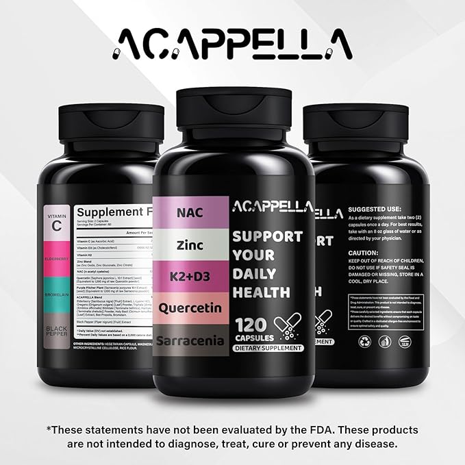 ACAPPELLA Vitamin D3 K2 Capsule Quercetin NAC N-Acetyl Cysteine Sarracenia Supplement Zinc Supplements 120 Count