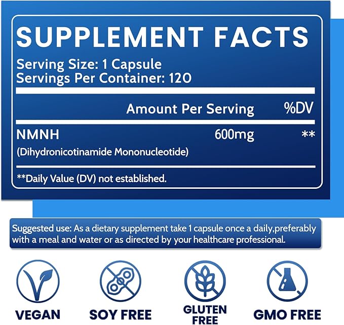 Pure NMNH 600mg Liposomal NAD Supplement for Women &amp Men - NMNH (Dihydronicotinamide Mononucleotide NMN Alternative) for Anti-Aging NAD+ Levels Immune and Energy 120 Capsules (120-Day Supply)