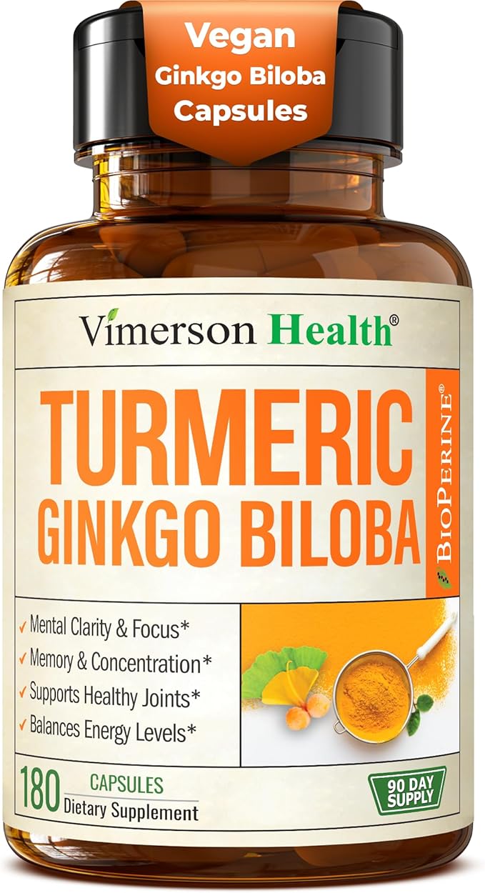 Ginkgo Biloba and Turmeric Curcumin Supplement with Black Pepper &amp Organic Tumeric – Natural Turmeric Supplement for Focus Memory Joint &amp Brain Health – 180 Vegan Ginko Biloba Capsules with