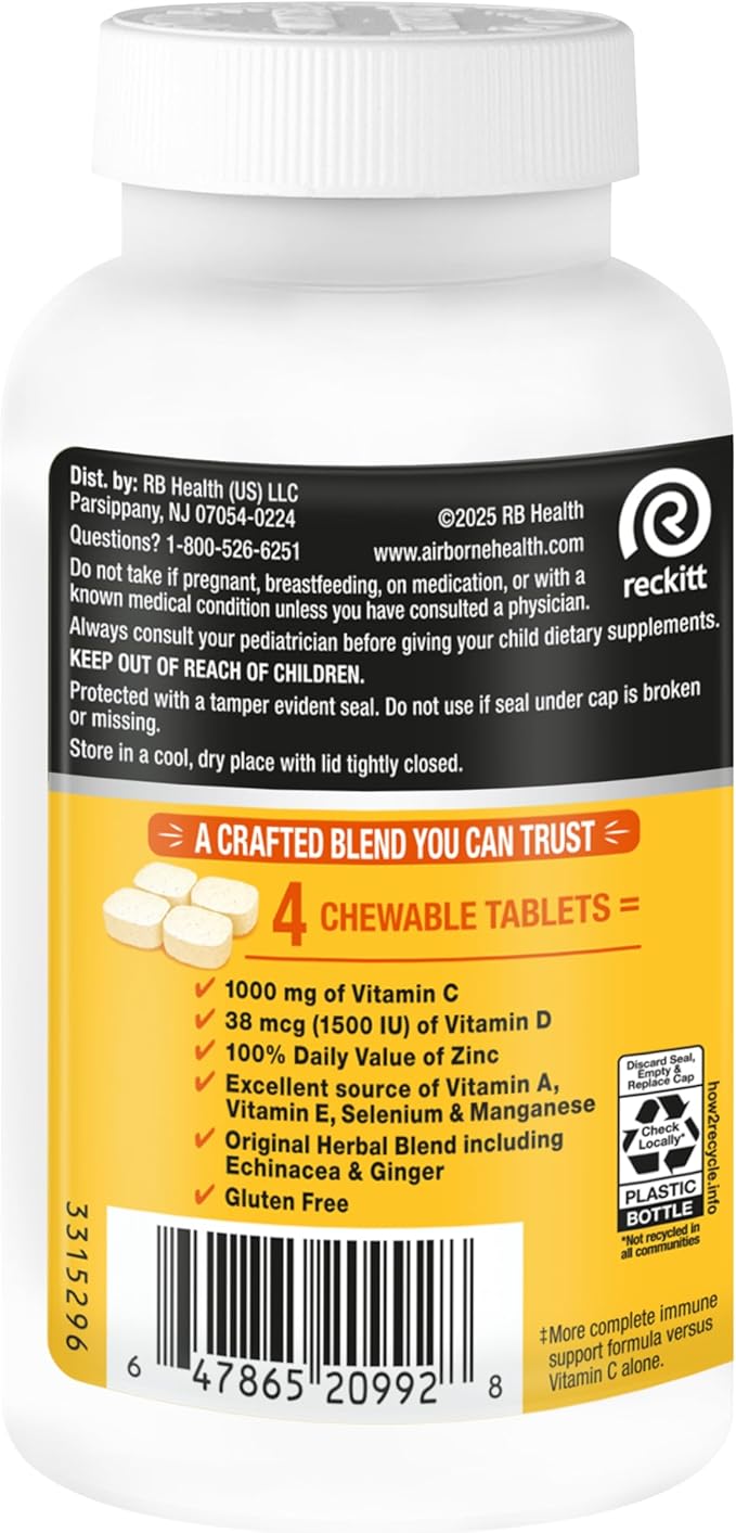 Airborne Vitamin C 1000mg (per Serving) - Citrus Chewable Tablets (116 Count in a Bottle) Gluten-Free Immune Support Supplement with Vitamins A C E Zinc Selenium Echinacea Ginger Antioxidants