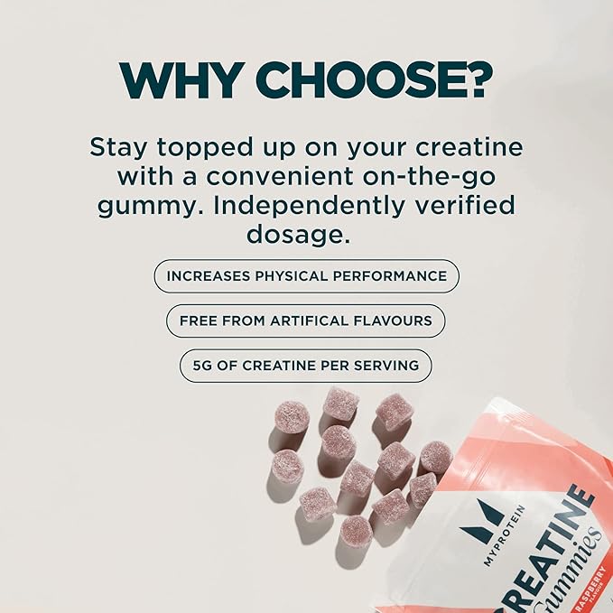 Myprotein Creatine Gummies 5g Creatine Monohydrate per Serving Raspberry 90 Count 18 Servings Chewable Post/Pre Workout Strength &amp Recovery Sports Nutrition Supplement Vegan Non-GMO