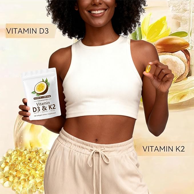 CrownHer Naturals D3 K2 Real Good Essentials Vitamin D3 10000 IU + K2 200 MCG Vitamin D3 &amp K2 Coconut Oil Softgels Capsules for Bone Immune Health Boosts Energy &amp Calcium Absorption 180 G