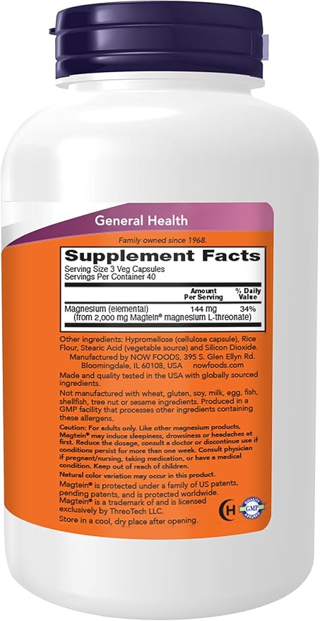 NOW Foods Supplements Magtein Magnesium L-Threonate Cognitive Support* 120 Veg Capsules