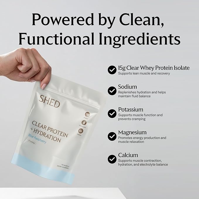 Clear Protein Powder with Electrolytes by Shed 15g Whey Protein Isolate Low Calorie and Lactose Free Light and Clean Hydration Drink Bloat-Free Post Workout Supplement Blue Razz (15 Servings)