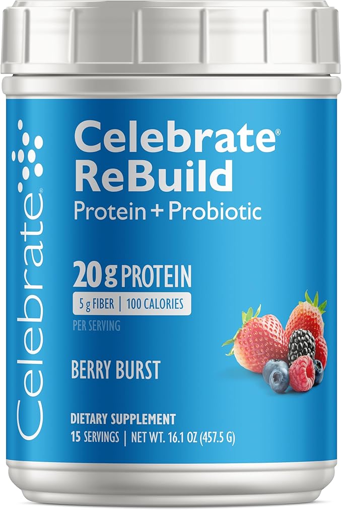 Celebrate Vitamins Rebuild Protein Powder with Probiotics &amp Prebiotics - 20g Whey Isolate Protein High Fiber for Post Bariatric Surgery Patients - Berry Burst (15 Servings)