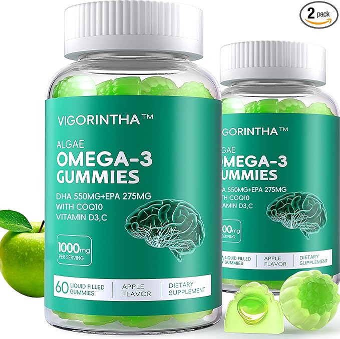 Vegan Omega-3 Algae Oil Supplement with DHA 300mg &amp EPA 150mg Plant-Based Omega-3 with Vitamin D3 &amp K2 Fish-Free Algal Oil Softgels for Men &amp Women 2 Pack 120 Softgels 60 Day Supply