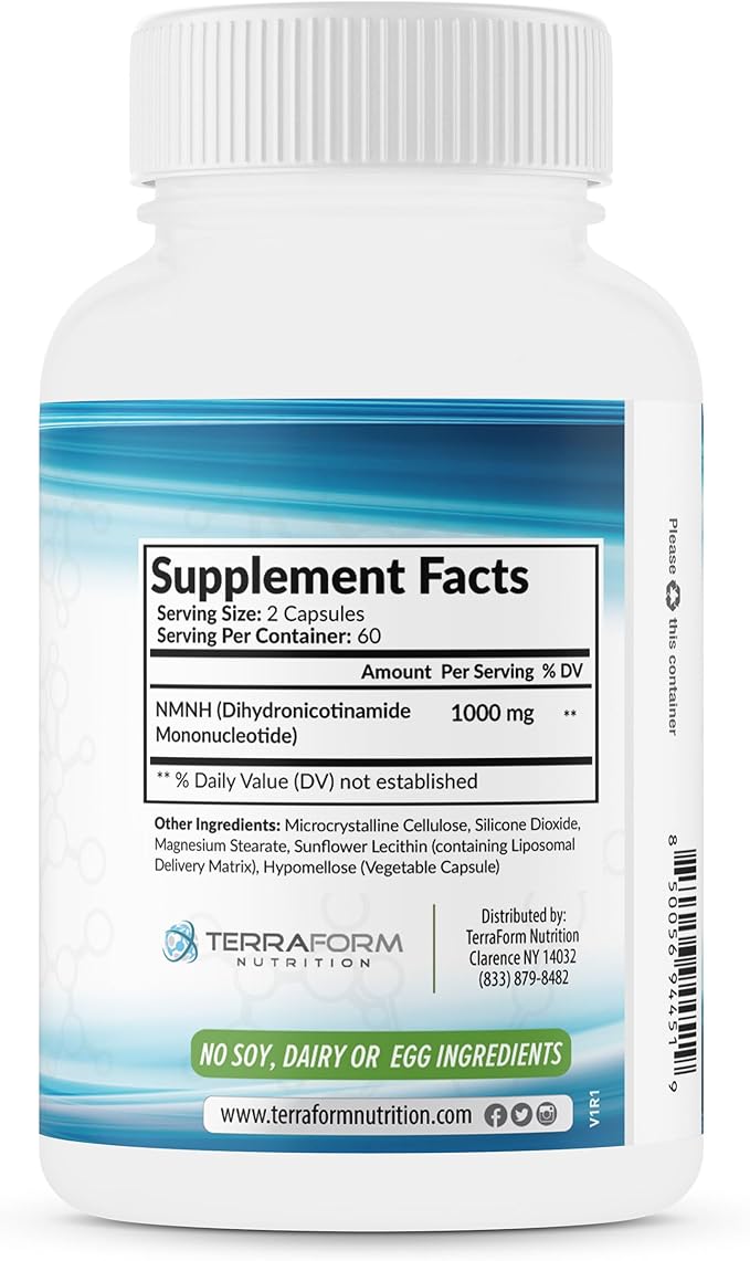 NMNH Dihydronicotinamide Mononucleotide 1000mg – NMNH Supplement with Sunflower Lecithin Liposomal Delivery Matrix for Enhanced Absorption – 120 Capsules (60 Servings) – NAD+ Support