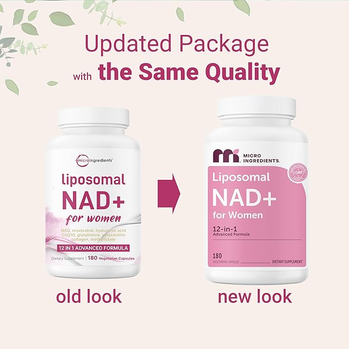 Micro Ingredients Liposomal NAD+ for Women Complex 180 Veggie Capsules | NMN Pathway Supplement | 12-in-1 Advanced NAD Formula with Resveratrol Hyaluronic Acid Glutathione &amp Collagen